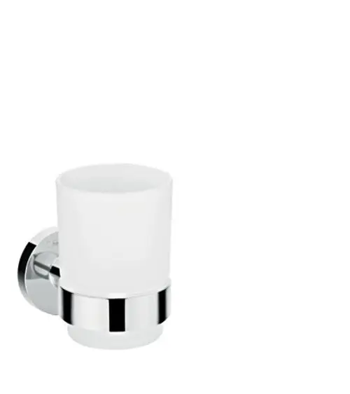 Weißer Zahnputzbecher von Hansgrohe mit chromfarbener Halterung, wandmontiert, geeignet für Badezimmer.